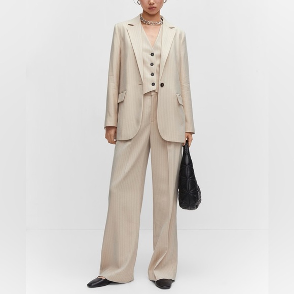NWT MNG Mango Pinstripe Long Sleeve Single-Breasted Suit Blazer in Beige size L - Picture 2 of 16
